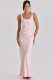 blush pink satin gathered maxi dress