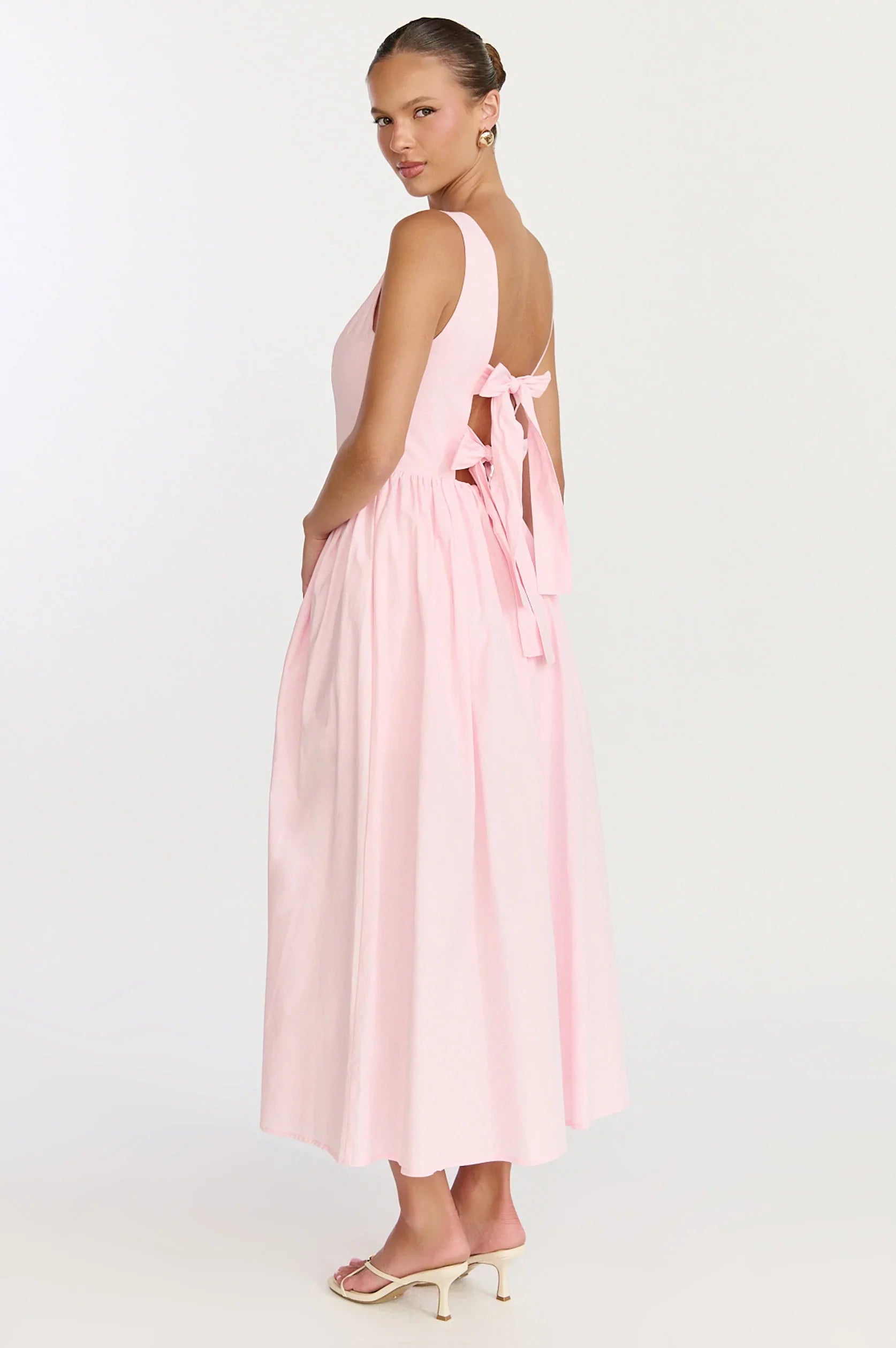 Casina Midi Dress Boat Neck Tie Back Fit And Flare Dress in Pale Pink