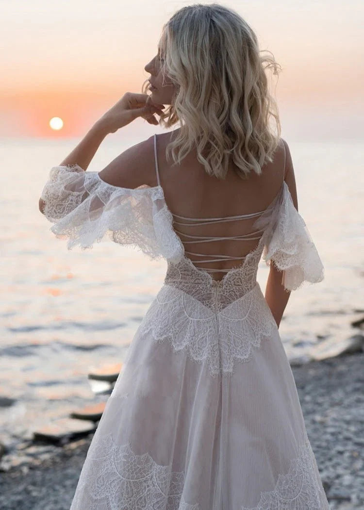 Bohemian Beach Champagne Spaghetti Straps Backless Wedding Dresses