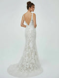 Floral Lace Appliques V Neck Sleeveless Mermaid Boho Wedding Dresses
