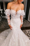 White Floral Lace Sweetheart Mermaid Wedding Dress with Detachable Sleeves