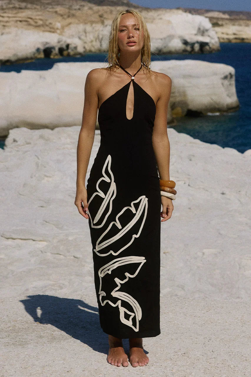 BRONTIE KEYHOLE HALTER MIDI DRESS BLACK