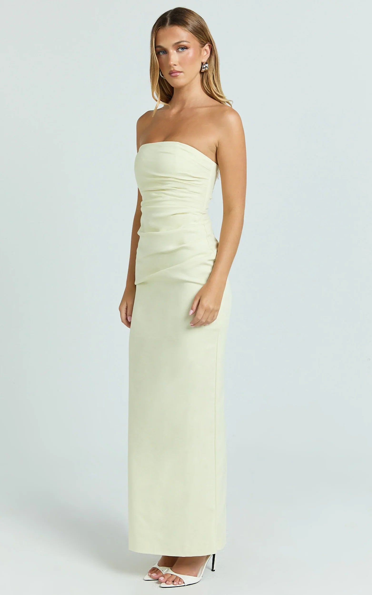 Jamie Maxi Dress Strapless Ruched Fitted Column Dress in Lemon
