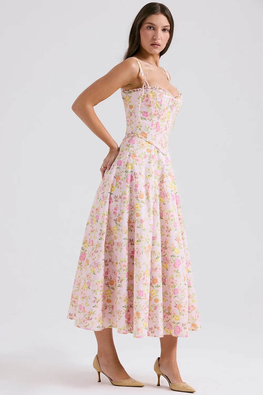 pink meadow print cotton midi sundress