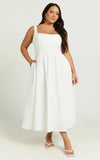 Khari Midi Dress Linen Look Square A Line Dress in White