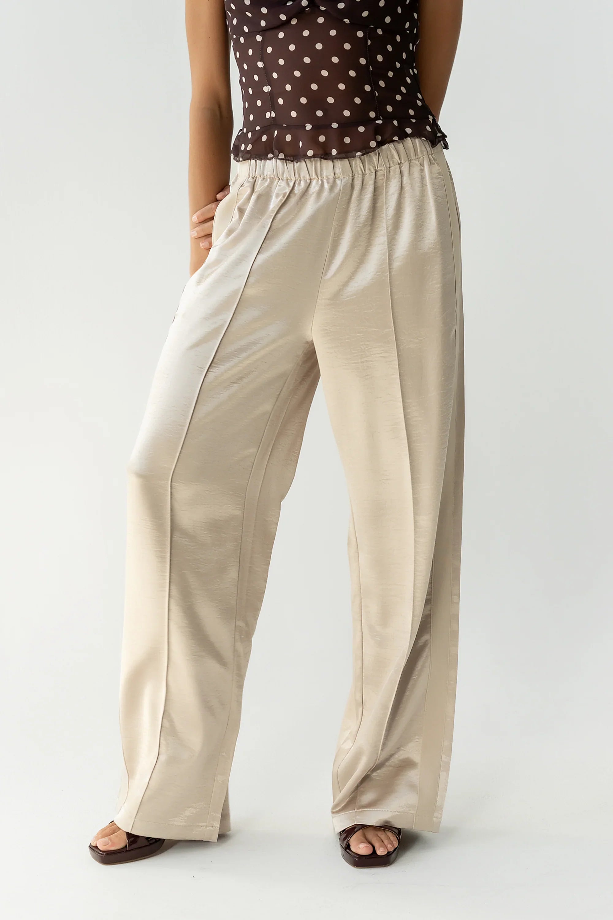 Gemma Satin Wide Leg Pants in Champagne