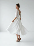 Satin V neck A Line Tea length Wedding Dress with Ruching and Sash