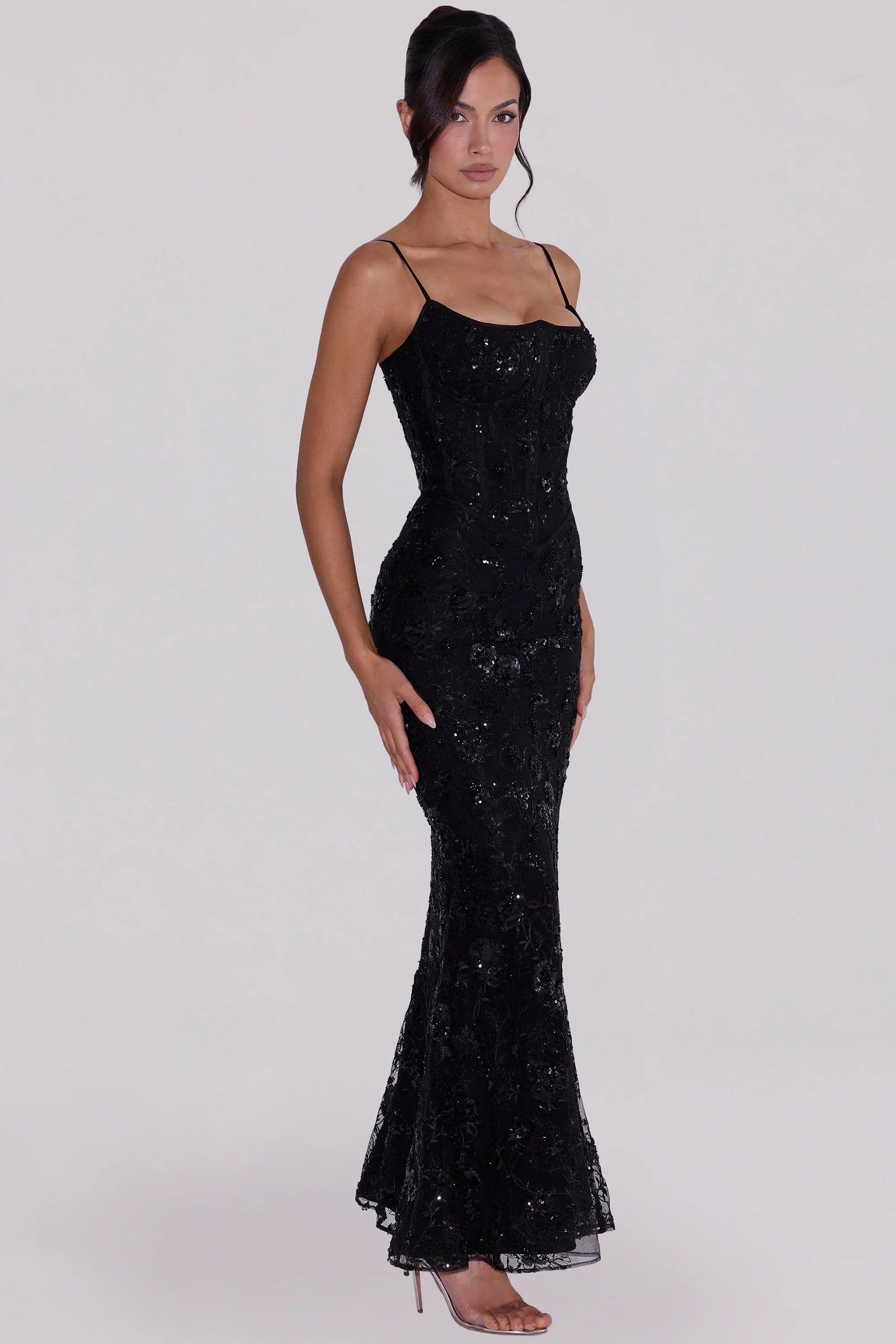 black hand beaded embellished corset maxi dress limited edition