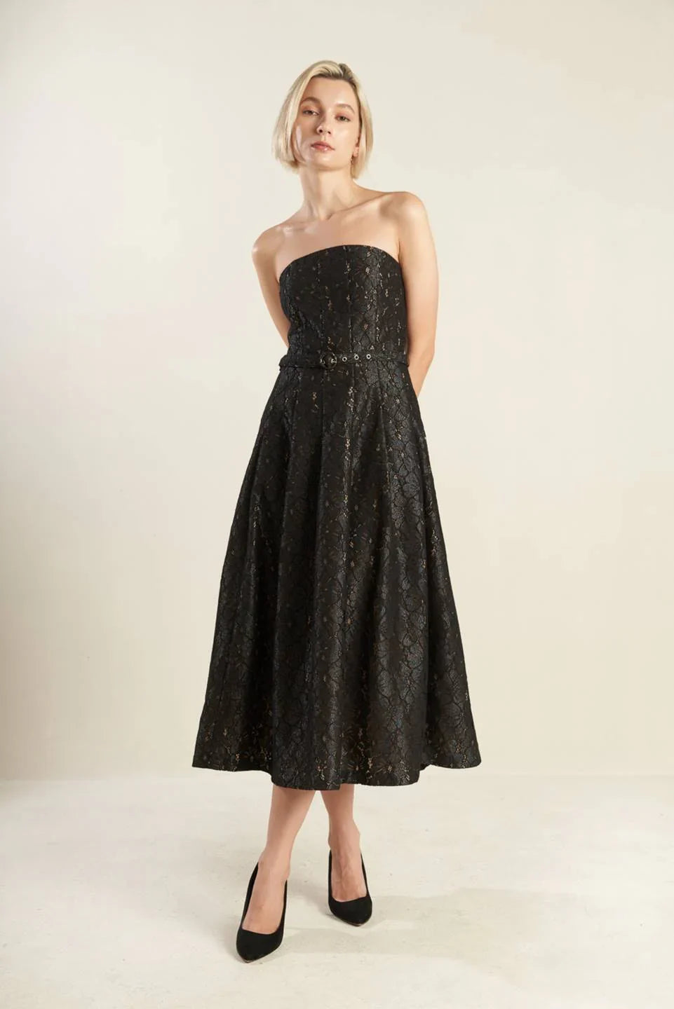 THE TRUTH IS STRAPLESS BLACK LACE MIDI DRESS