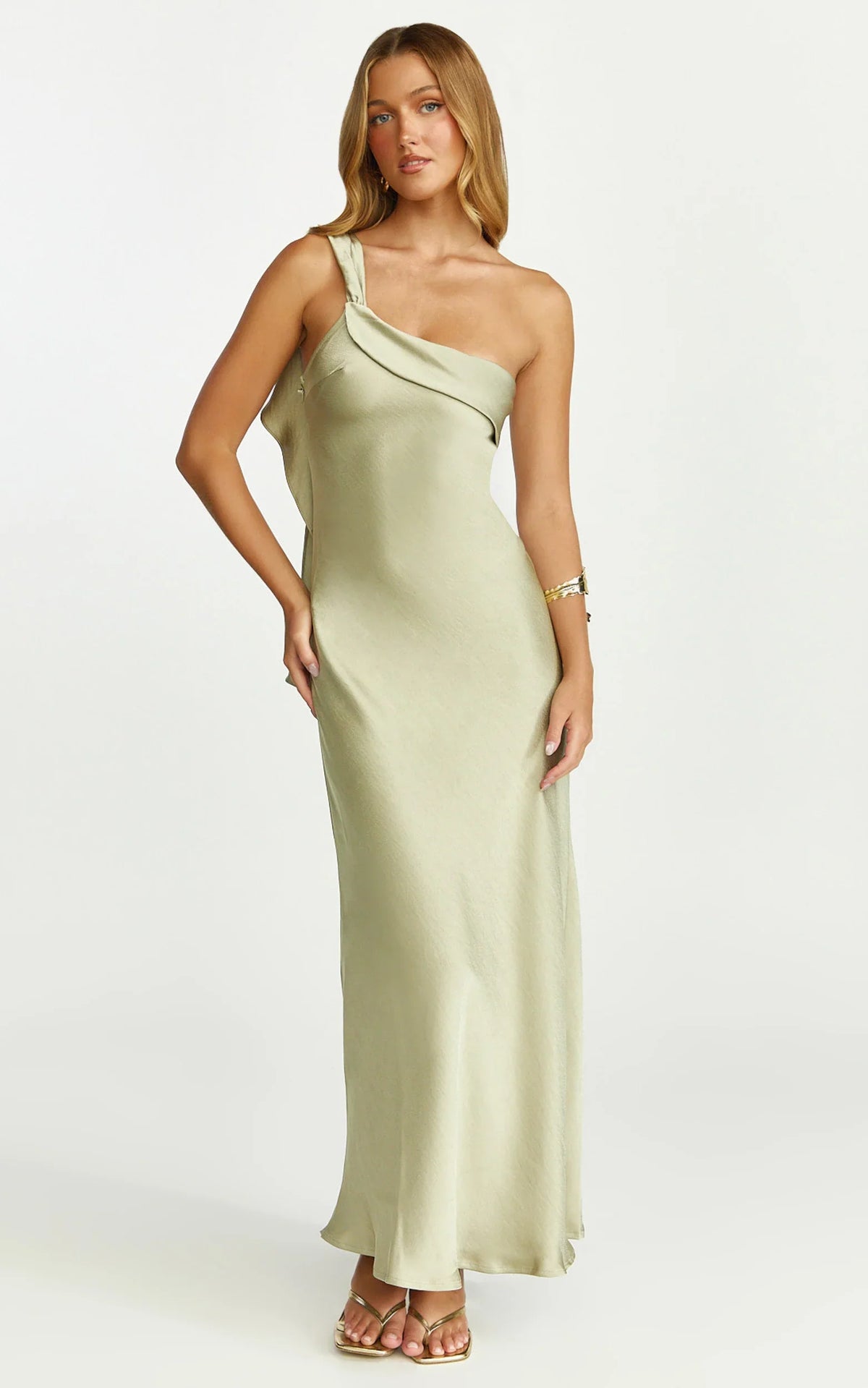 Calix Midi Dress One Shoulder Slip Dress in Light Olive