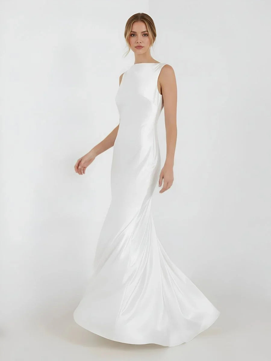 Sheath High Bateau Neck Backless Silk Satin Wedding Dress