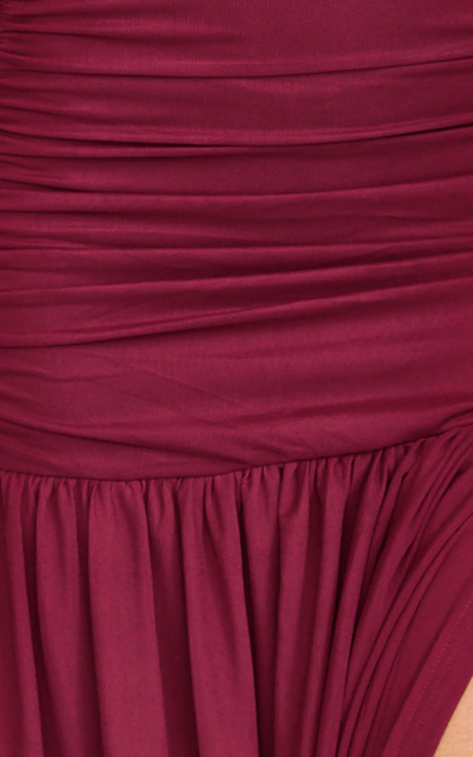 Lara Maxi Dress Strapless Ruched Mesh High Leg Split Dress in Wine