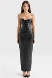 black strapless vegan leather midi dress