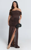 Alanna Maxi Dress Off Shoulder Ruched Mesh Dress in Chocolate