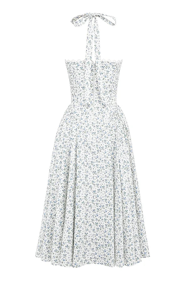 white bluebell print cotton halter sundress