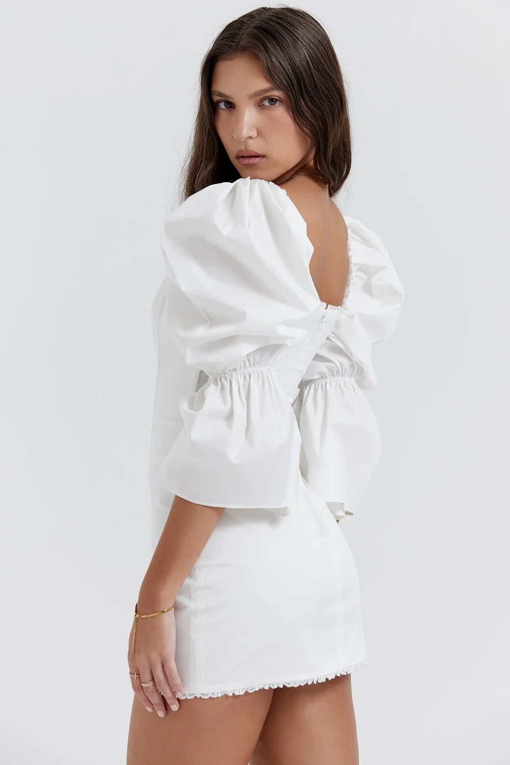 white puff sleeve corset dress