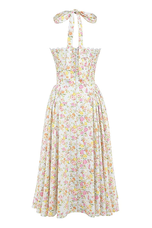pale blue meadow print cotton halter sundress