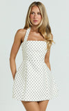 Dante Mini Dress Halter Neck Tie Tulip Skirt Dress in White Polkadot