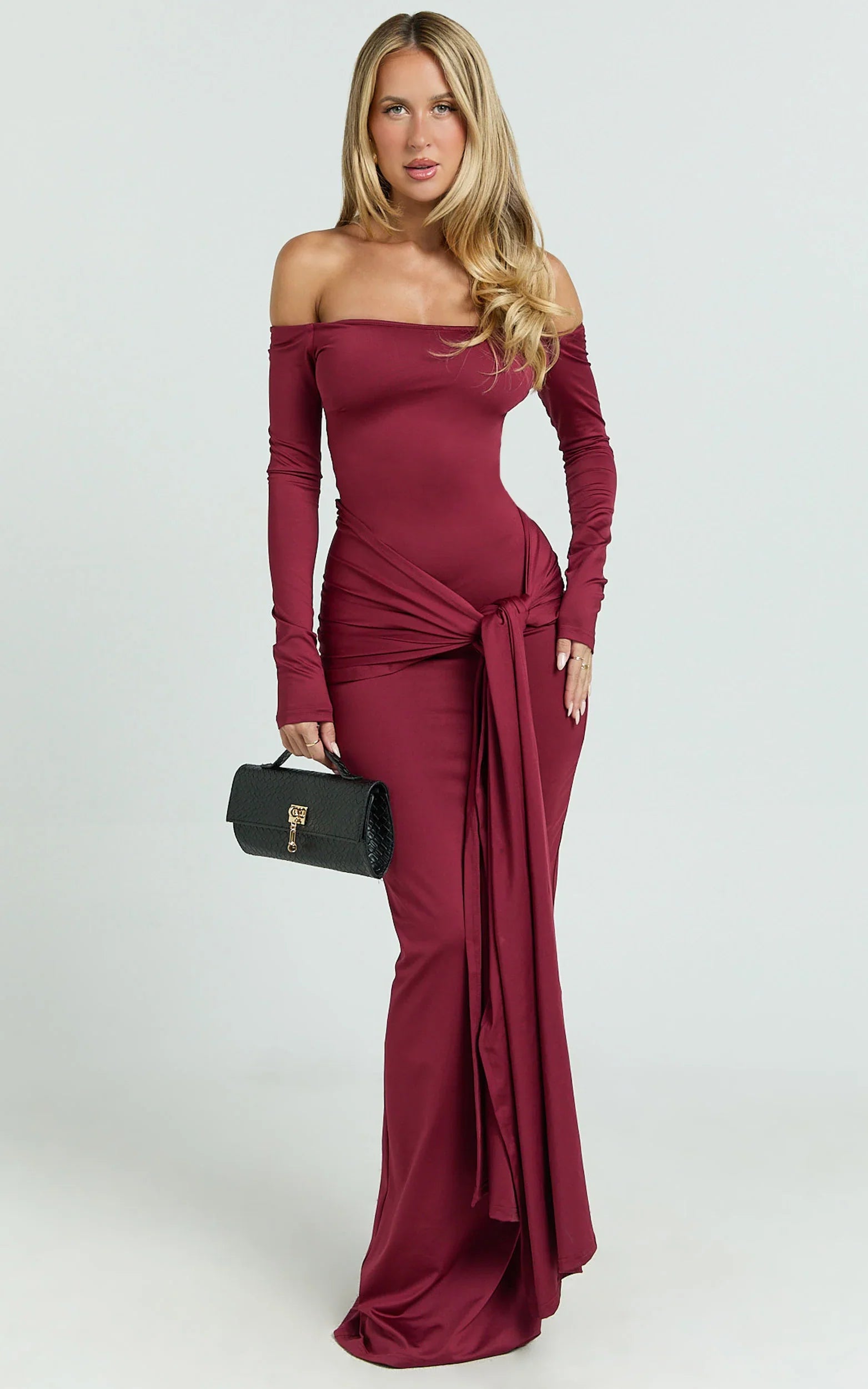 Judith Maxi Dress Boat Neck Backless Tie Front Long Sleeve Jersey Dress in Wine