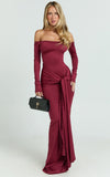 Judith Maxi Dress Boat Neck Backless Tie Front Long Sleeve Jersey Dress in Wine