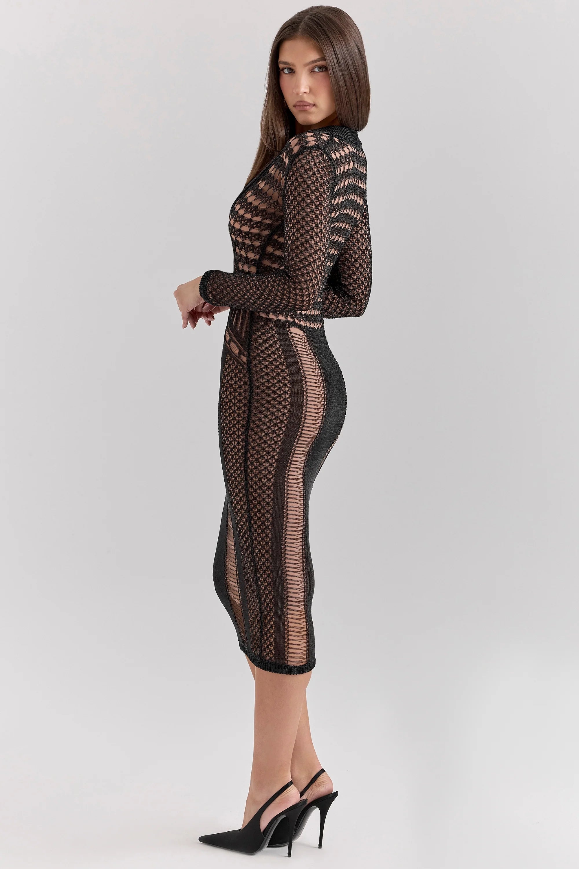 black plunge midi dress sale