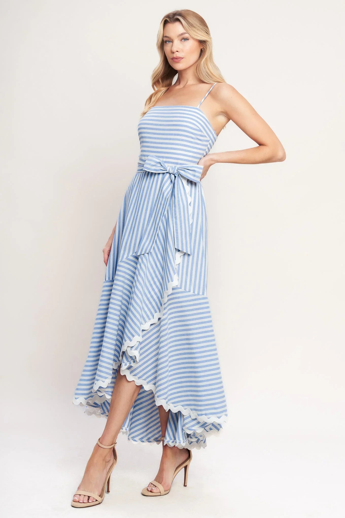 TIED TO YOU BLUE STRIPED MIDI DRESS