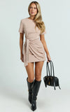 Candace Mini Dress Faux Wrap Shift Dress in Beige