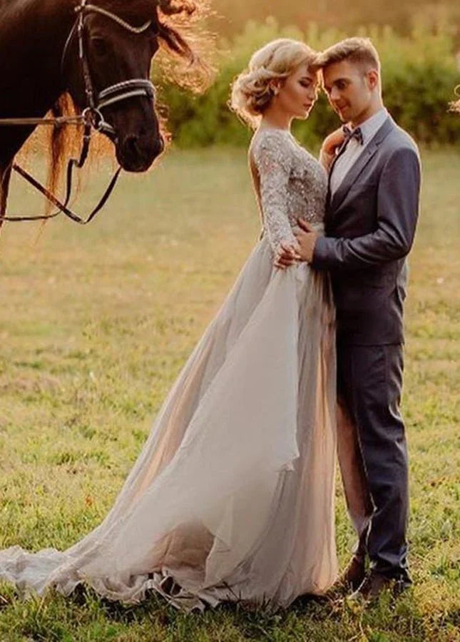 Bohemian Long Sleeve Appliqued Beading Tulle Backless Wedding Bridal Gowns