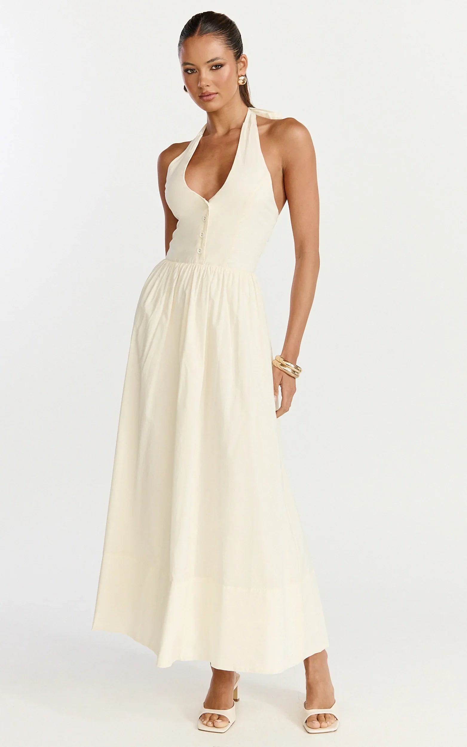 Everly Midi Dress Tie Halter Neck Button Down Bodice Fit And Flare Dress in Cream