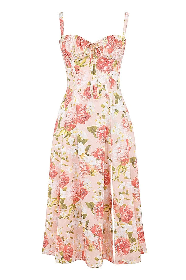 pink peony print cotton bustier sundress