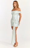 Myra Mini Dress Off Shoulder Draped Sequin Dress in Soft Blue