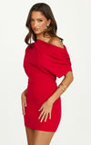 Nalfie Mini Dress Tipped Shoulder Jersey Drape Dress in Red