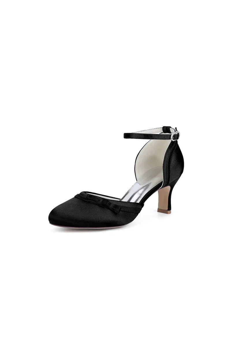 Navy Blue Satin High Heels with Bow Accent
