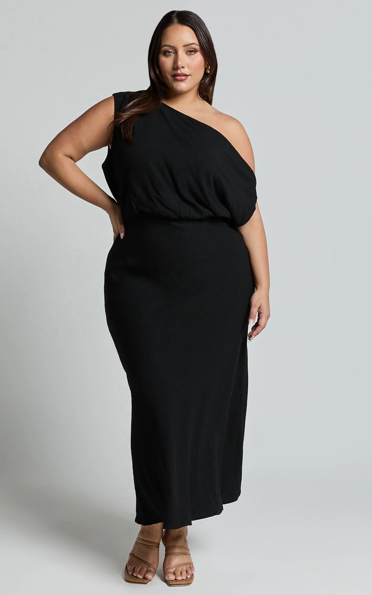 Jacqueline Midi Dress Linen One Shoulder Dress in Black