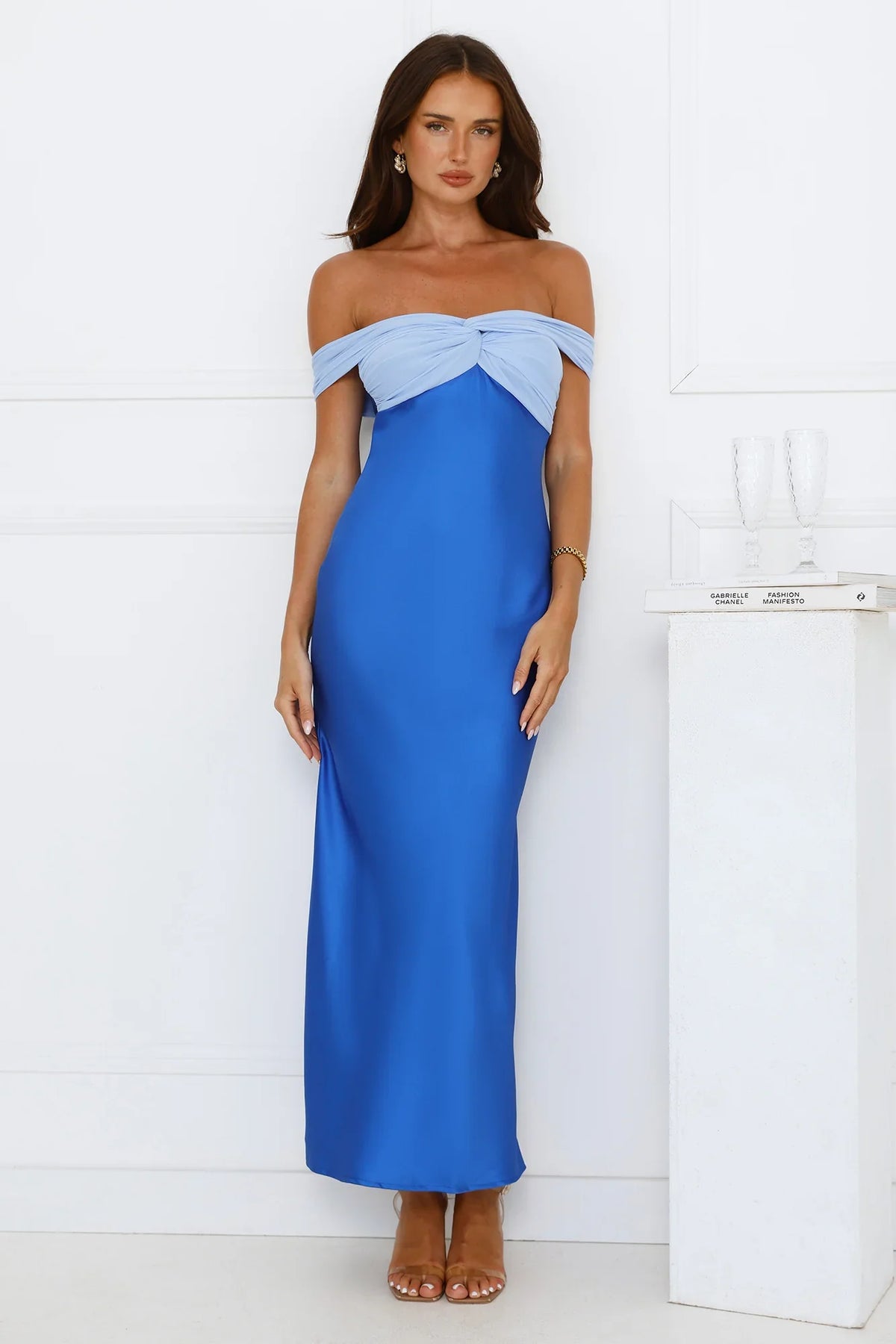 Luxe And Likes Off Shoulder Satin Maxi Dress Blue