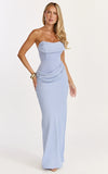 Phoebe Maxi Dress Strapless Structured Bodice Drape Skirt Dress in Soft Blue