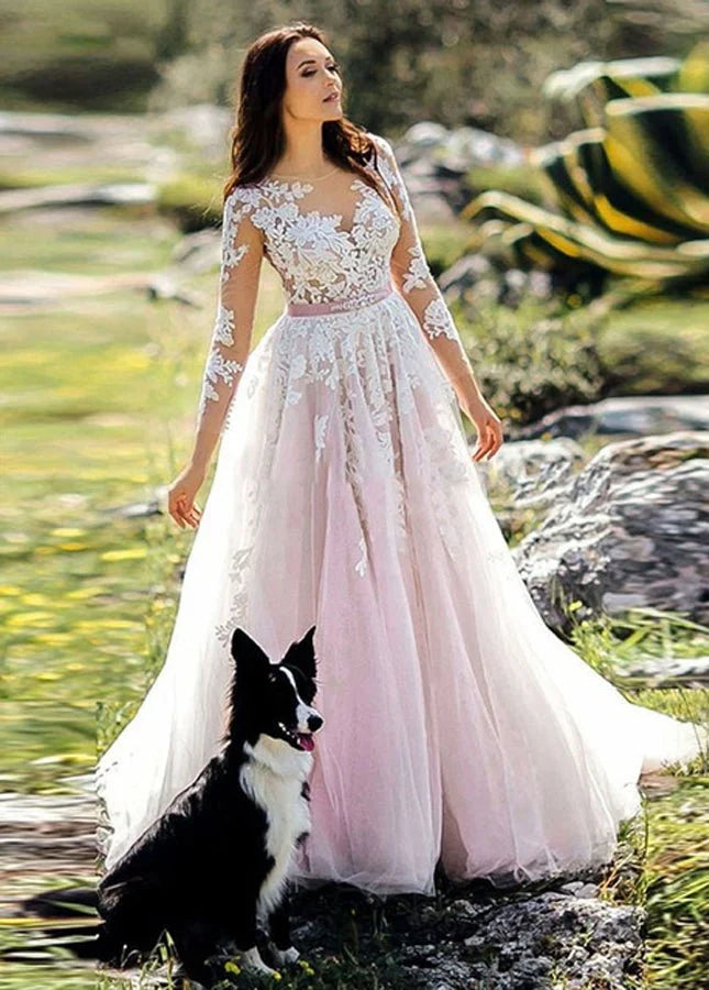 Pink and White Lace Appliques Long Sleeves Tulle Wedding Dresses with Belt