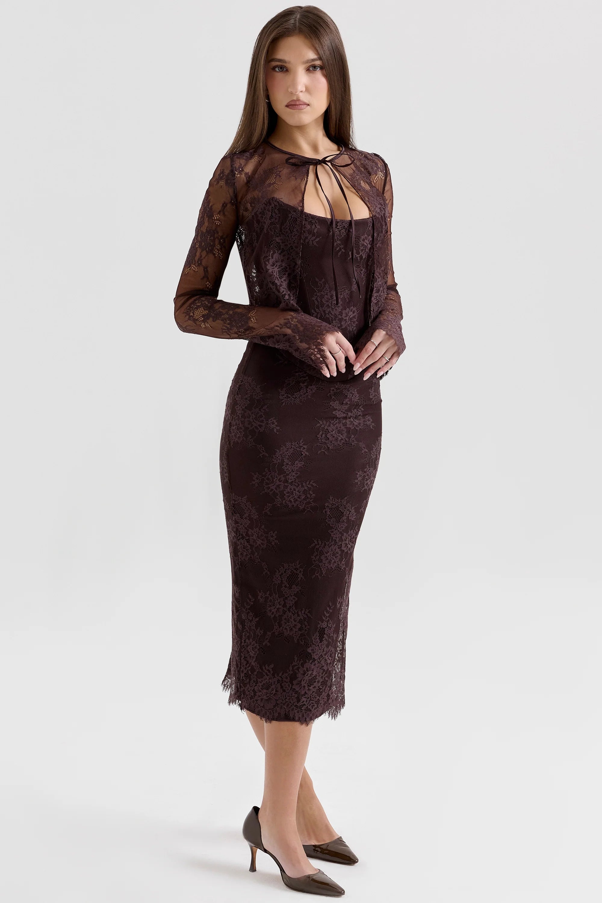 bitter chocolate lace corset midi dress bolero
