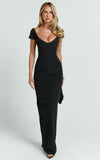 Veronika Maxi Dress Off Shoulder Plunge High Split Dress in Black