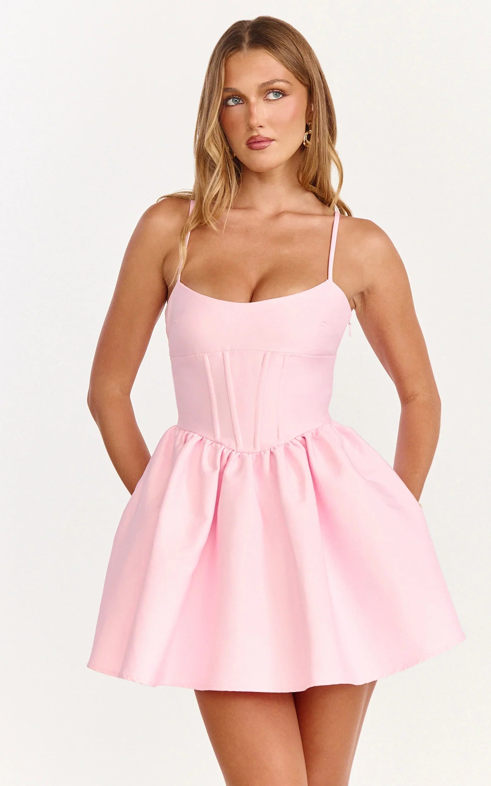 Louisa Mini Dress Boned Bodice Lace Up Back Dress in Soft Pink