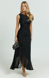 Judee Midi Dress One Shoulder High Side Split Dress in Black