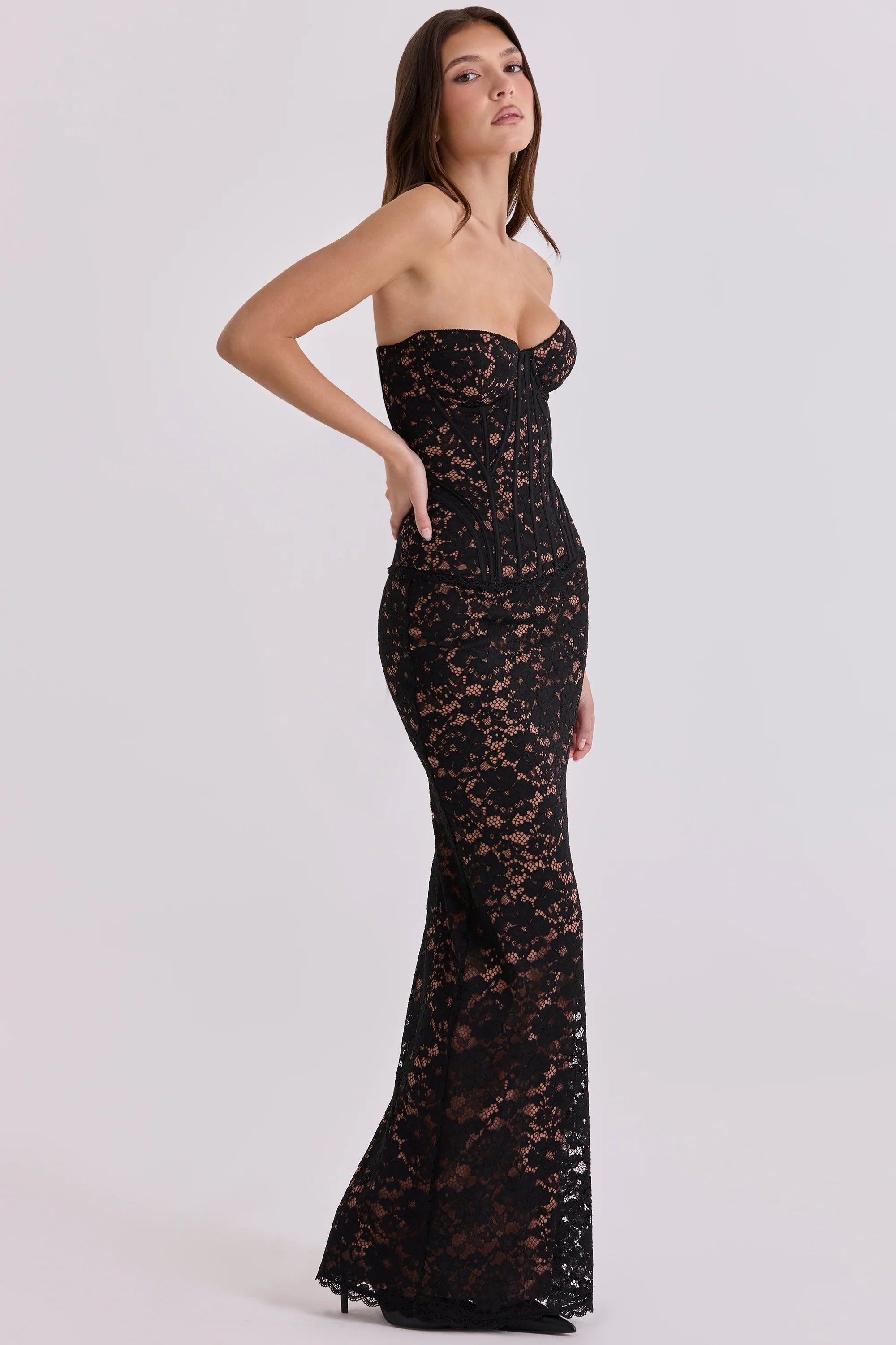 black blush lace corset maxi dress