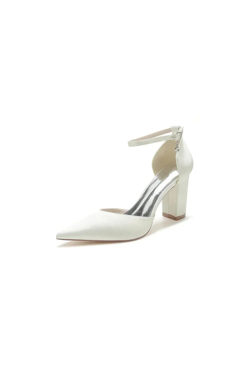 Simple Satin Pointed Toe Ankle Strap Chunky Heel
