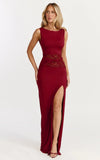 Alberta Maxi Dress Spliced Sheer Lace Column Dress in Wine