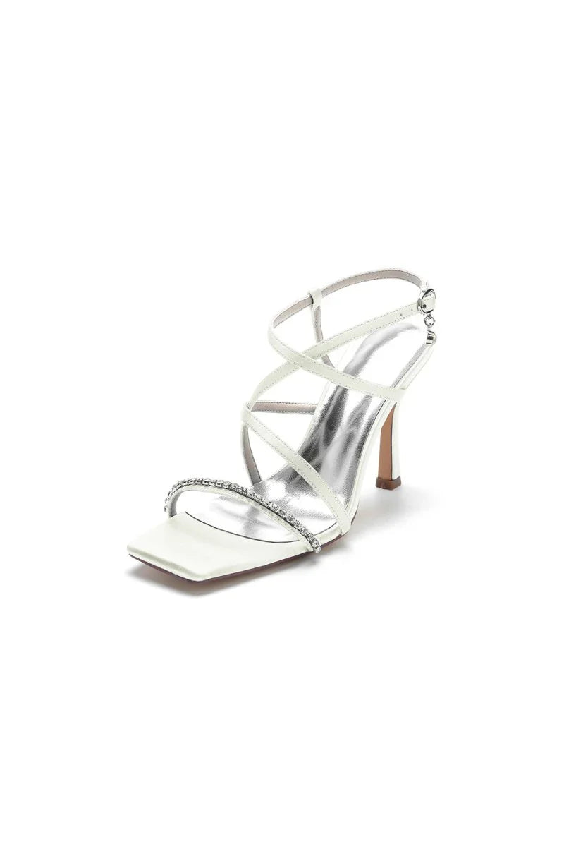 Square Open Toe Crystal Cross Straps Chunky Heels