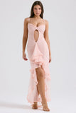 soft peach ruffled front gown