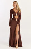 Sahara Maxi Dress Long Sleeve Cut Out Gold Trim Dress in Chocolate