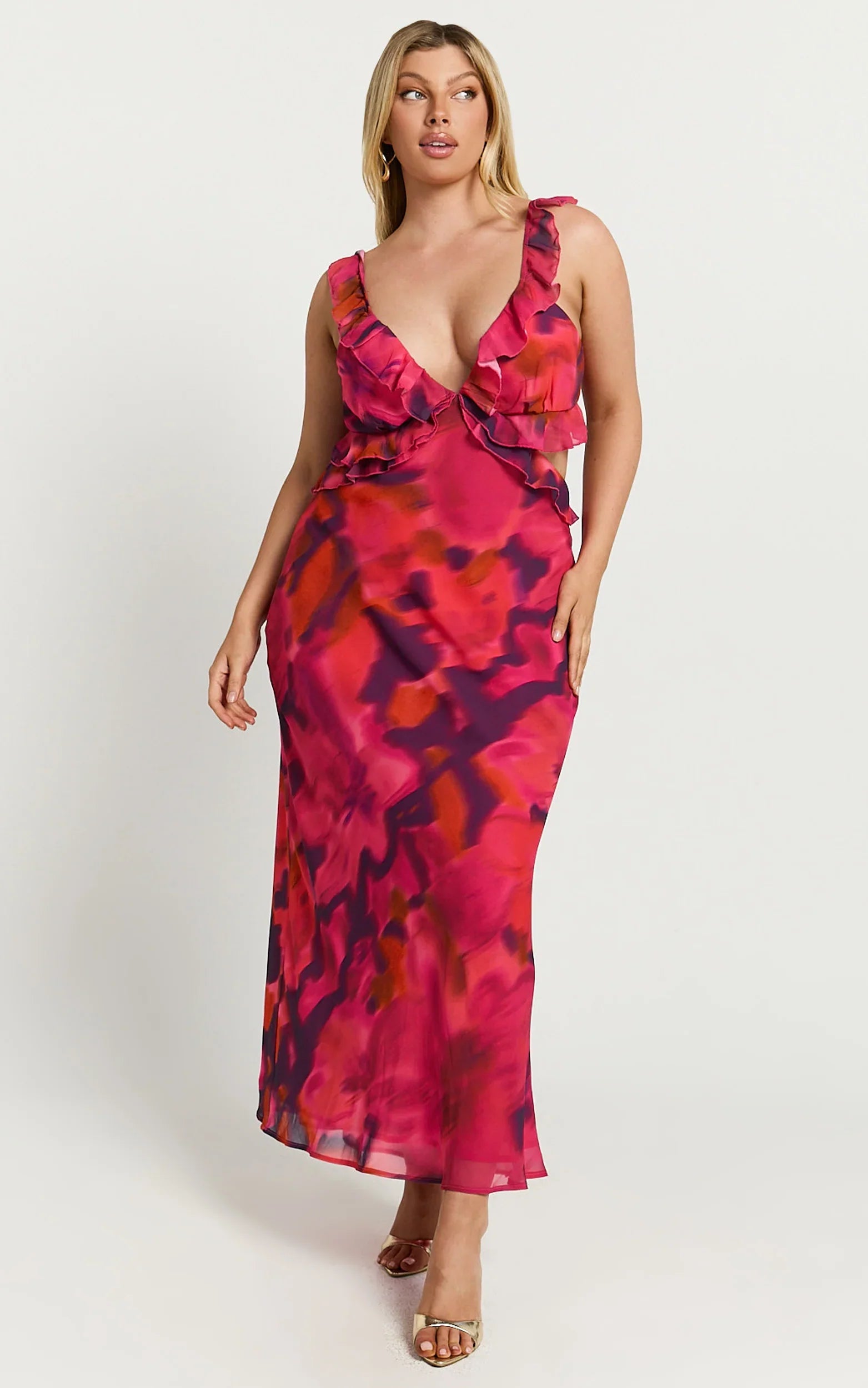 Alessa Maxi Dress V Neck Frill Detail Empire Waist Back Cut Out Dress in Adeana Print