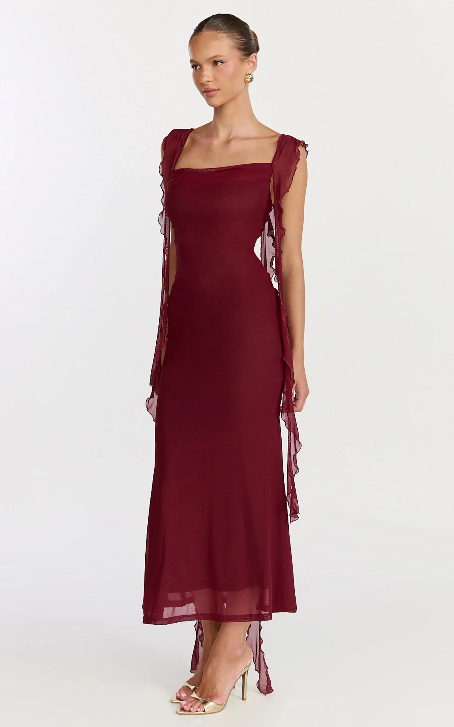 Rosha Midi Dress Ruffle Strap Dress in Wine