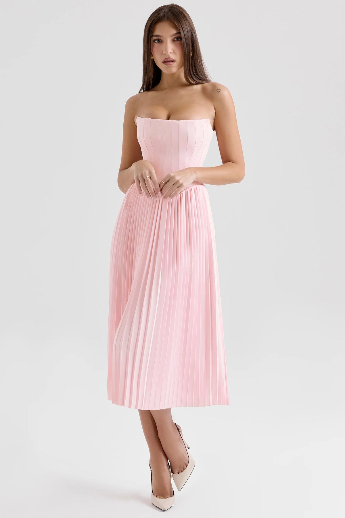 pink pleated midi corset dress